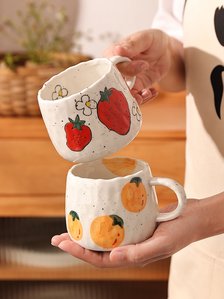 

Small Ceramic Cup With Hand Drawn Strawberry Orange lemon, Unique Handmade Cute Floral Mug