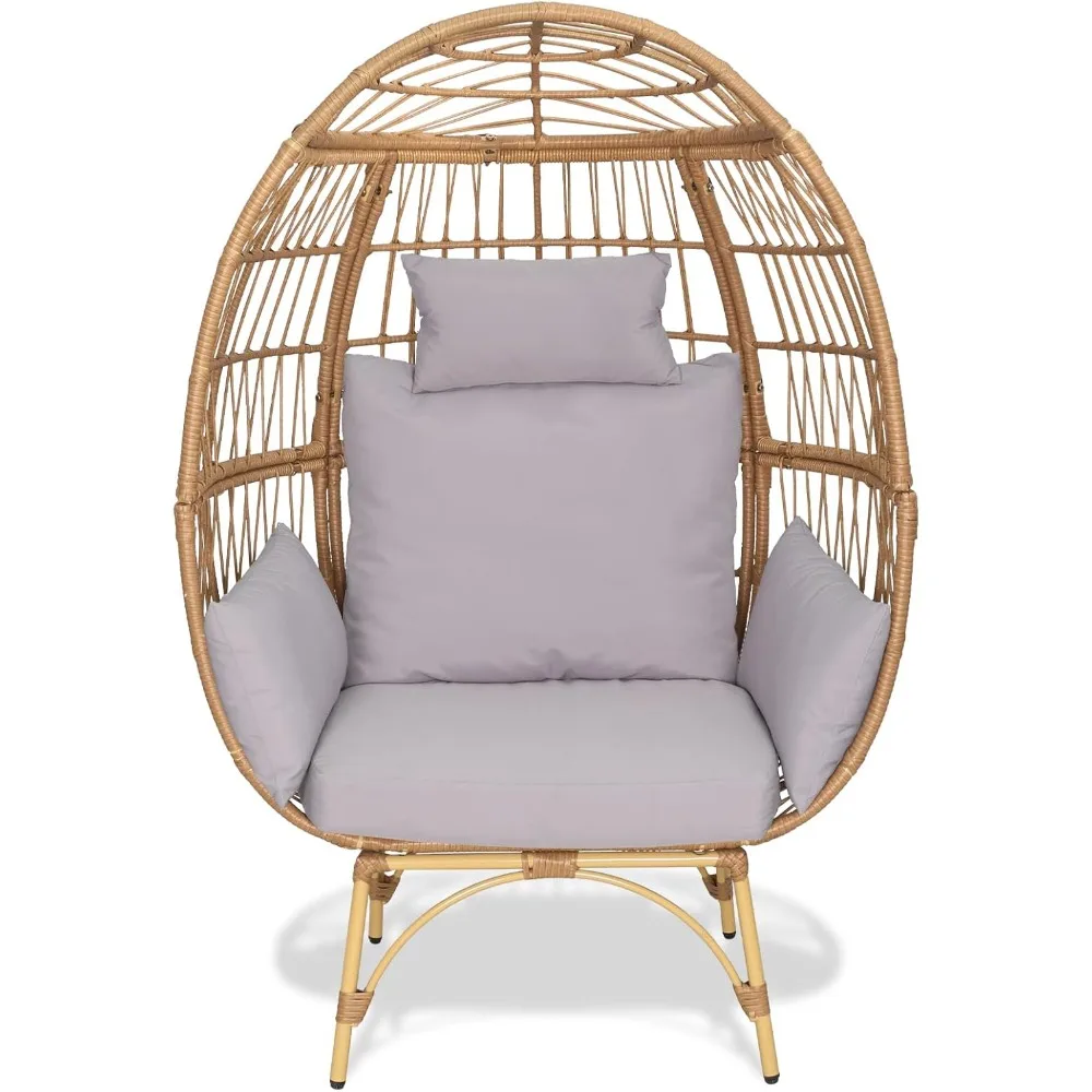 Wicker Egg Chair, Indoor/Outdoor PE Rattan Egg Basket Lounge Chair Extra Large All-Weather Egg Chair with Metal Frame and 5 Cush