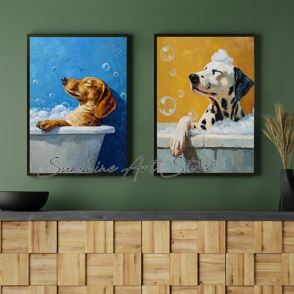Dachshund Cockapoo Dalmatian Dogs Washroom Bathtub Bubbles Cute Pet Bathroom Art Poster Canvas Painting Wall Pictures Home Decor