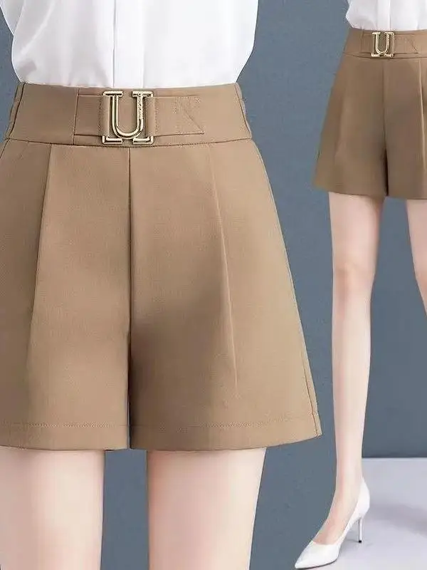 

High Waist Business Style Women's Short Pants Commute Wind A-Line Wide Leg Pants Casual Pure Color Pocket Design PVC Material