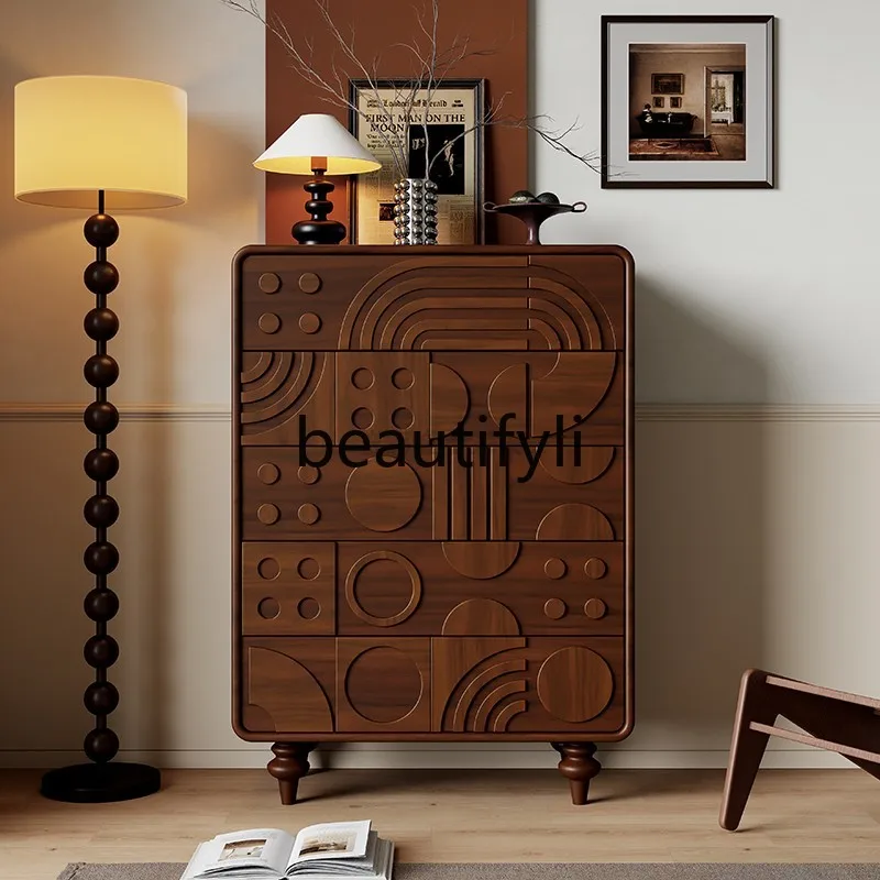 Nordic retro solid wood carving flower chest of drawers against the wall storage cabinet drawer bedside cabinet