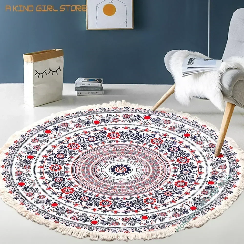 Hand Woven Cotton Linen Carpet Retro Bohemian Round Bedside Geometric Floor Mat Living Room Home Decor Boho Mandala Tassel Rug