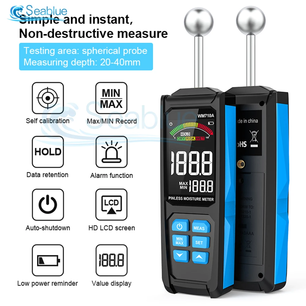 WM710A Digital Wood Moisture Meter Non-destructive Spherical Hygrometer Record Humidity Auto Detect Wettest Timber Damp Detector