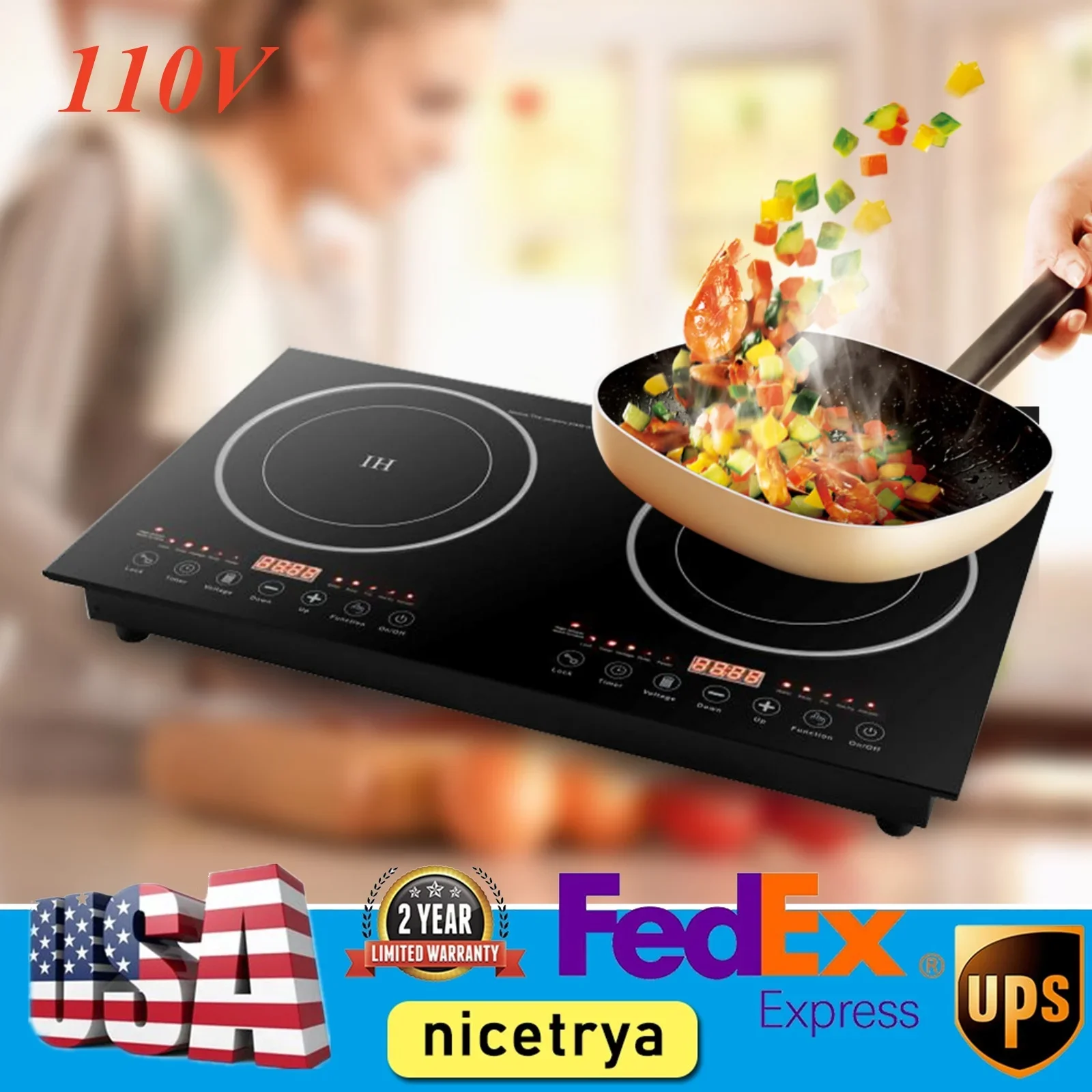 

2400W 110V Electric Dual Induction Cooker 2 Burners Cooktop Hot Plate Cooker New