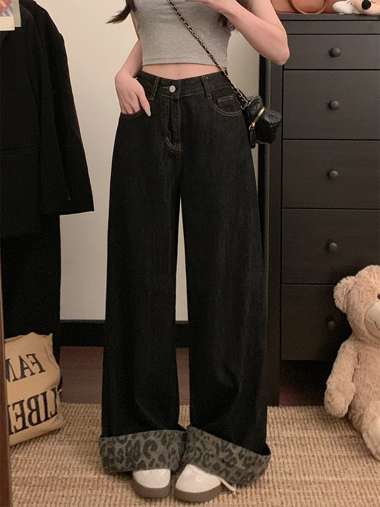 ريترو ليوبارد طباعة واسعة الساق الدينيم الجينز المرأة فضفاضة تناسب عالية الخصر التخسيس حجم كبير عادية عالية الخصر السراويل الطويلة