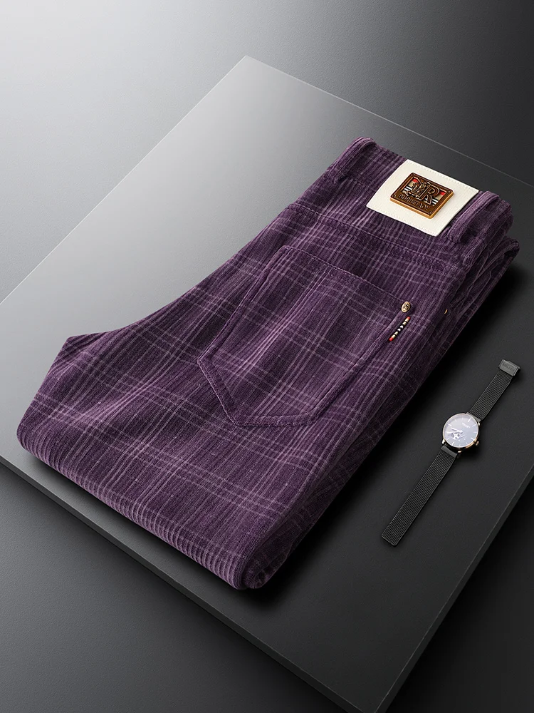

Plaid Corduroy Pants Men's Slim Straight Leg Thi Autumn Winter Patterned Casual Trousers Faionable Youth Sle