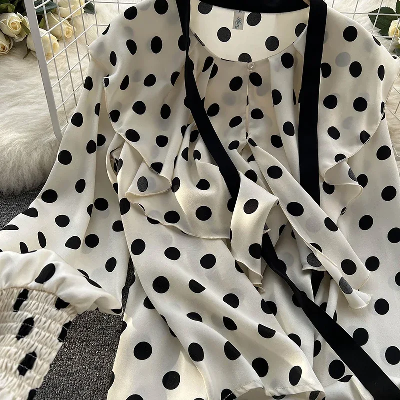 Frauen Elegante Büro Chiffon Shirts Polka Dot Gedruckt Langarm Bluse Rüschen Süße Top Casual Dünne Harajuku Tees Mode Neue
