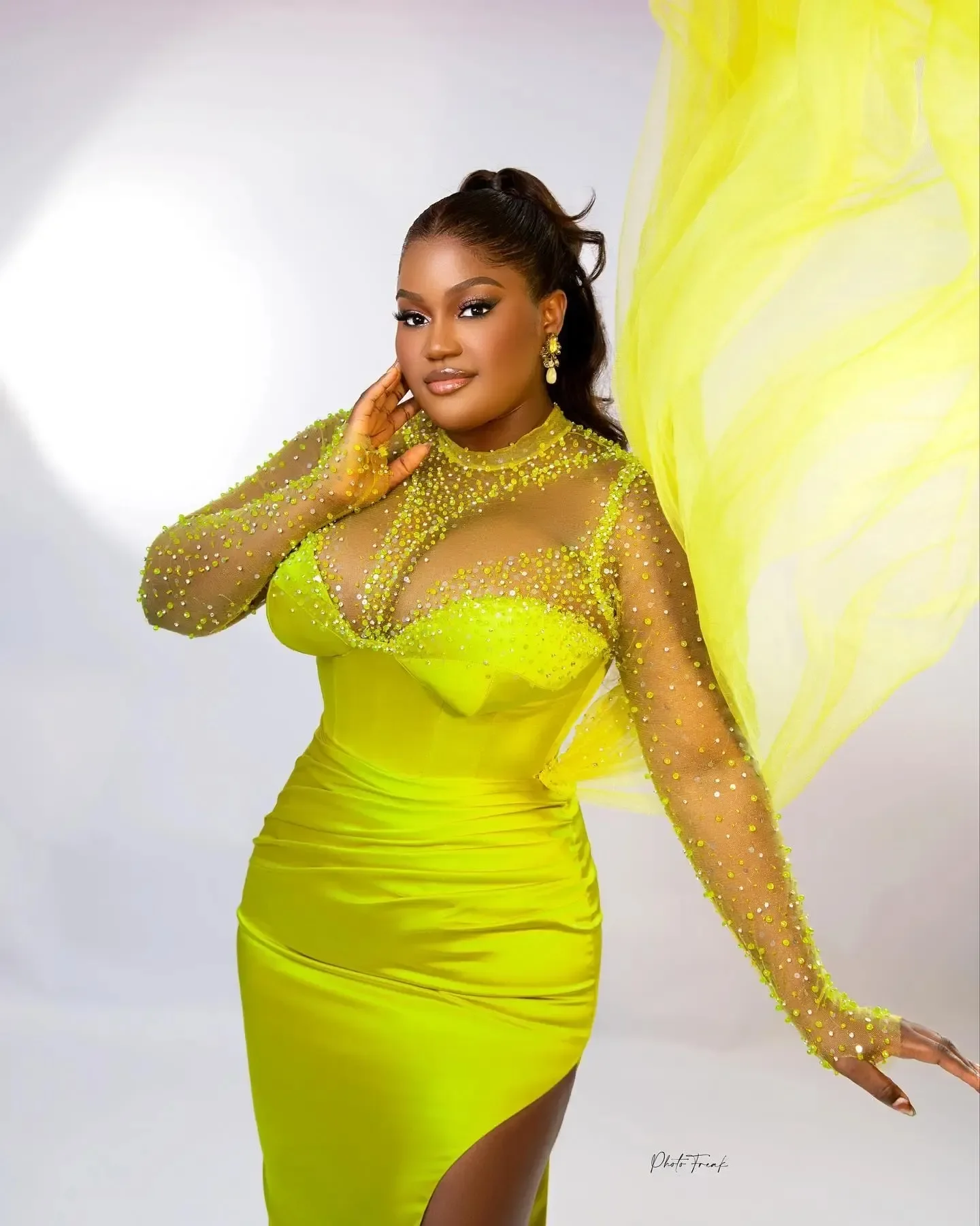 Robe de Bal Vert Citron pour Femme, Tenue de Soirée Transparente, Perlée, Manches sulf, Grande Taille, Africaine, Sexy, Fente Latérale