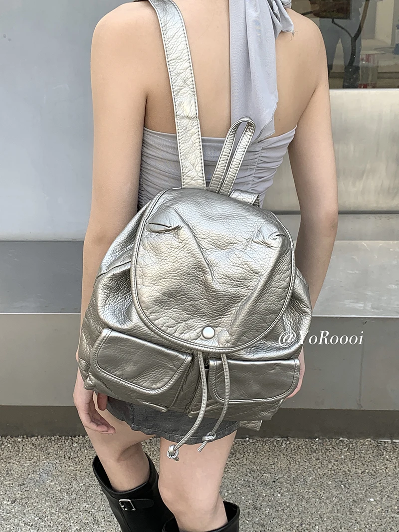 

High Quality Version Pu Leather Muti Pocket Women Backpack Fashion Solid Color School Laptop Bag Travel Commuter Girls Backpack