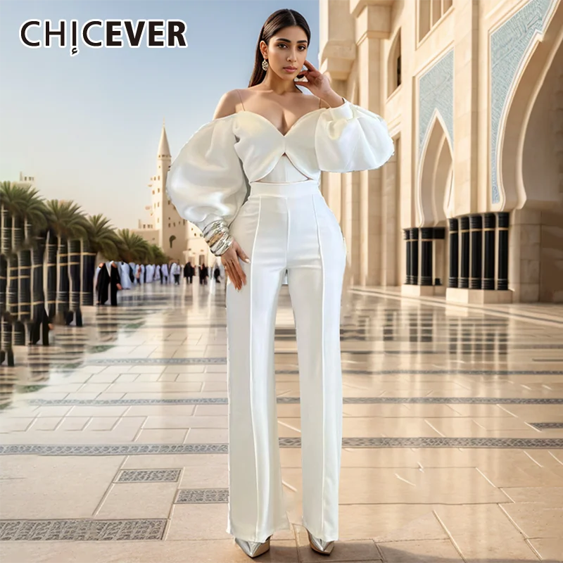 CHICEVER Letni garnitur długi 2-częściowy dla kobiet V Neck Off Shouder Lantern Sleeve Crop Top High Waist Wide Leg Pant Set Female New