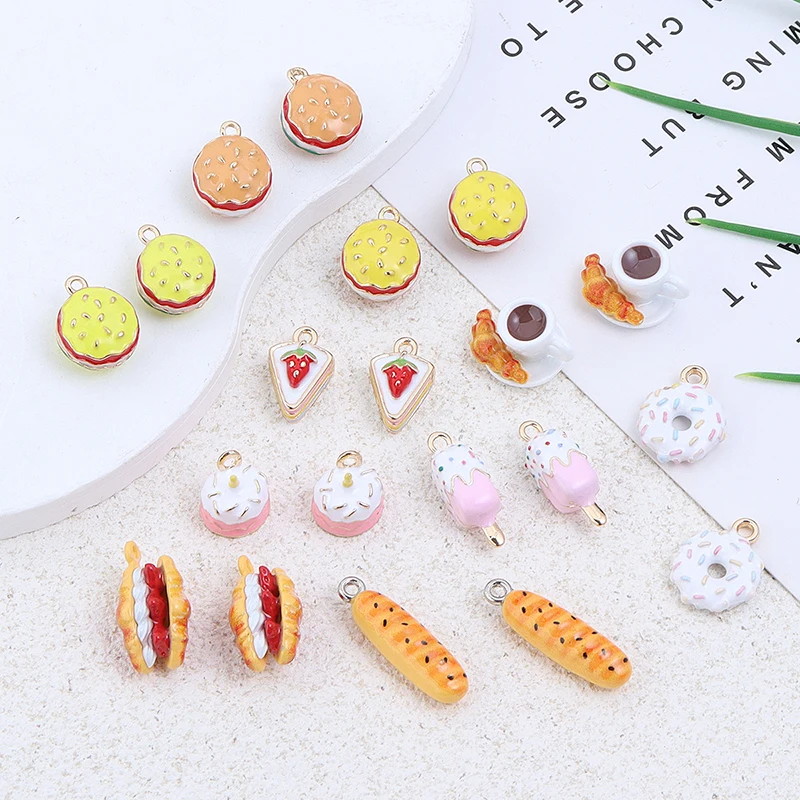 

10pcs/lot DIY Mix Jewelry Accessories Alloy oil-dripping three-dimensional simulation hamburg Pendant For Charms Phone Bracelet