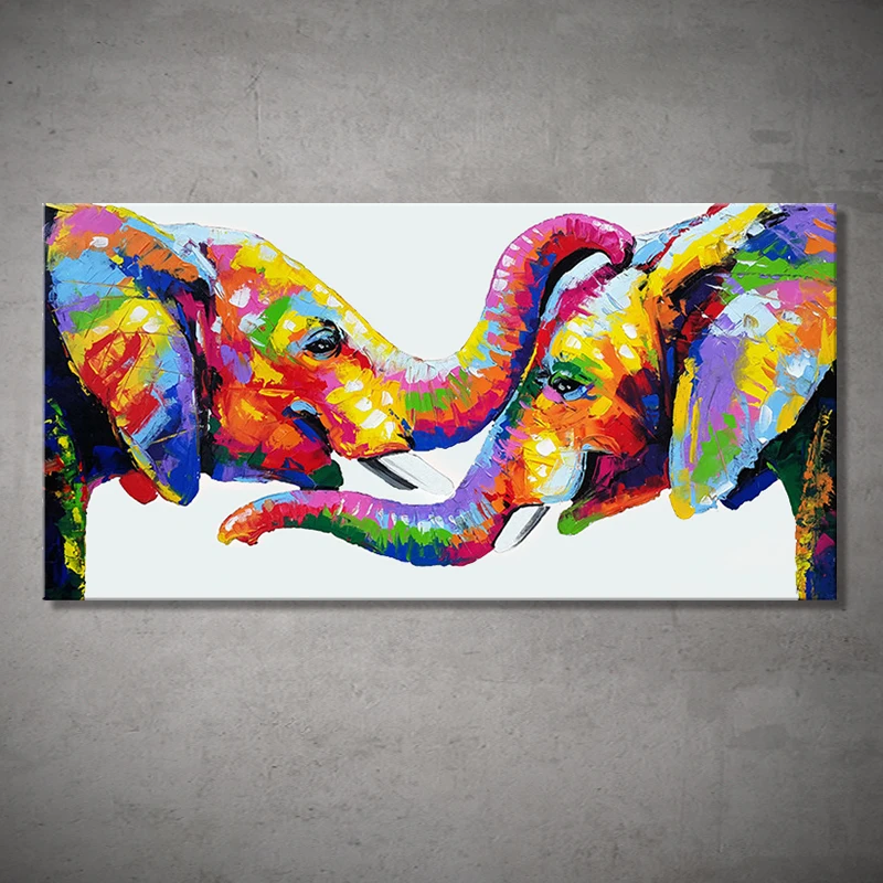 

100% Handpainted Oil Paintings On Canvas Handmade Large Color Block Couple Elephant Lovers Wall Art,Mural Living Room Home Decor