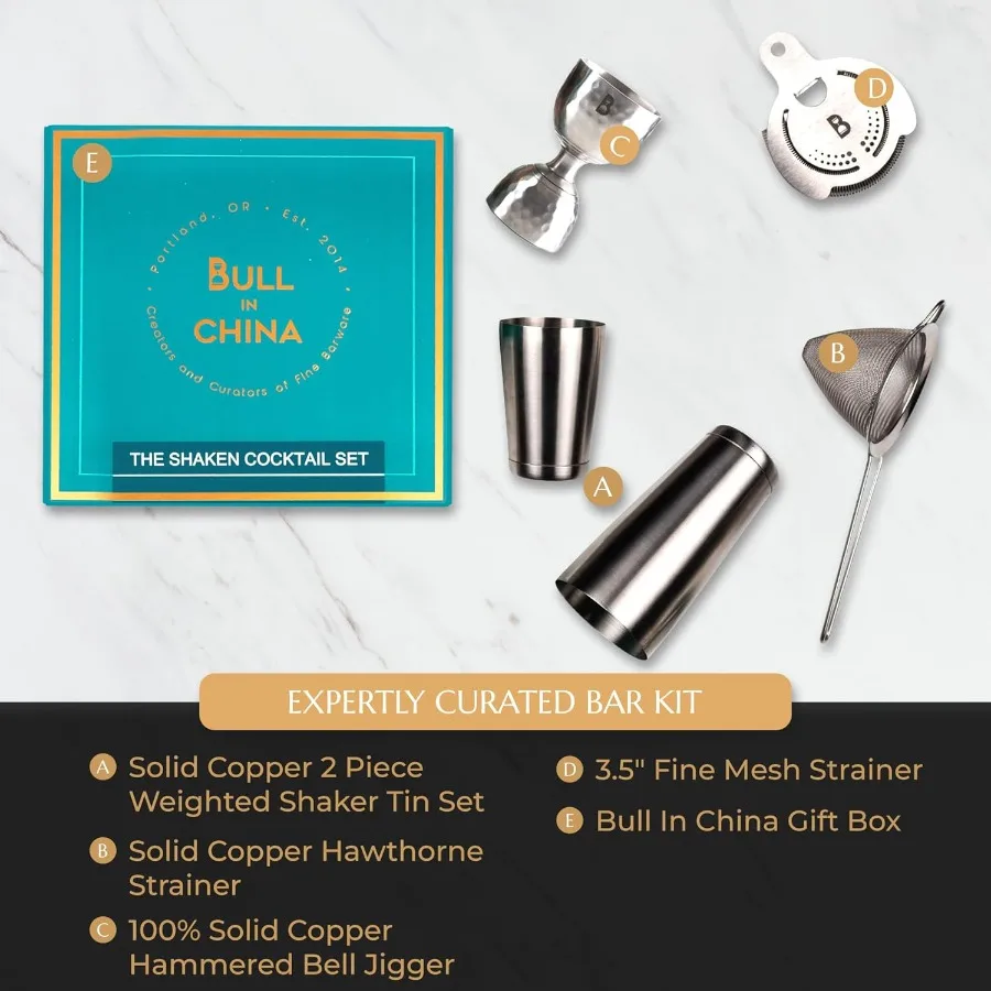 5 Piece Cocktail Kit by Premium Bartender Gift Set Includes Weighted 2 Piece Boston Shaker Hammered Bell Jigger Hawthorne Strai
