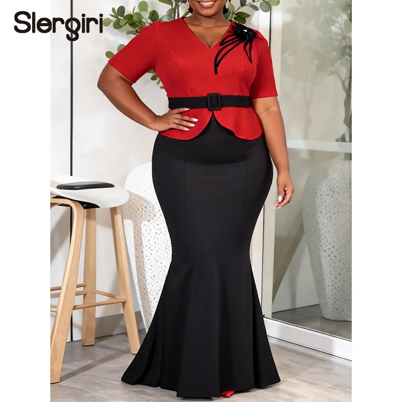 

Slergiri Plus Size Women's Elegant V-neck Short Sleeved Peplum Top + Mermaid Hem Bodycon Long Skirt Evening Party Two Piece Set