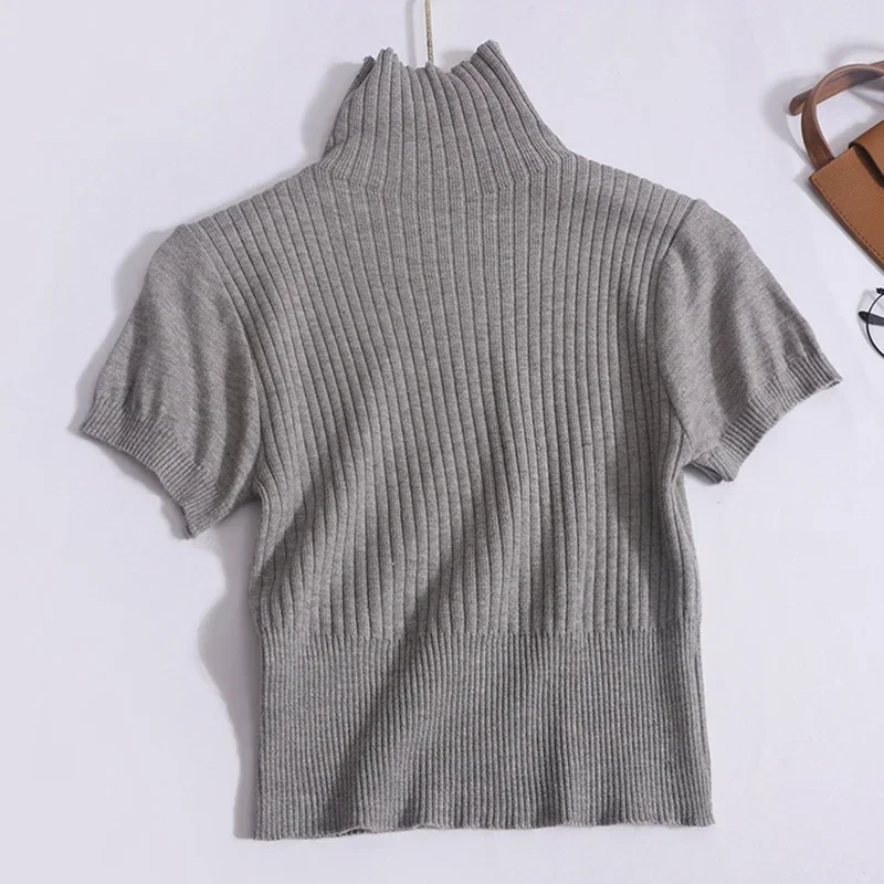 ITOOLIN donna dolcevita manica corta maglia Top Highstreet camicia Solid Casual Office Crop Top estate Y2K Pullover Tees 2024