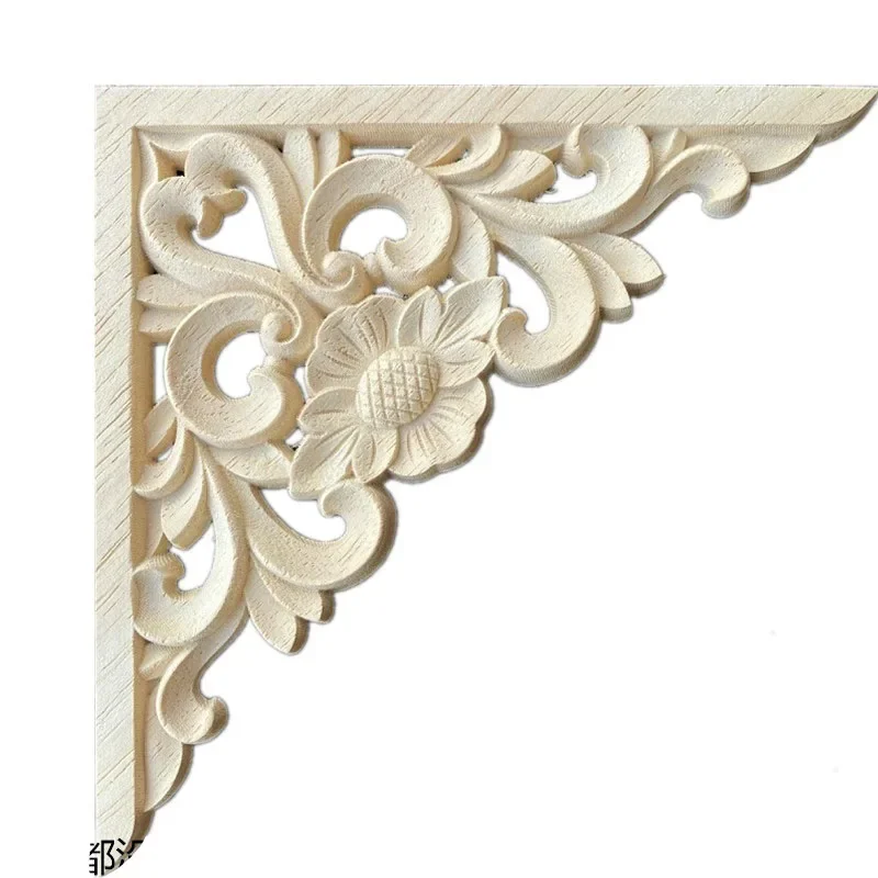 4PCS Wood Flower Carved Decal Corner Onlay Applique Frame Door Furniture Wall Unpainted for Home Cabinet Door Decor