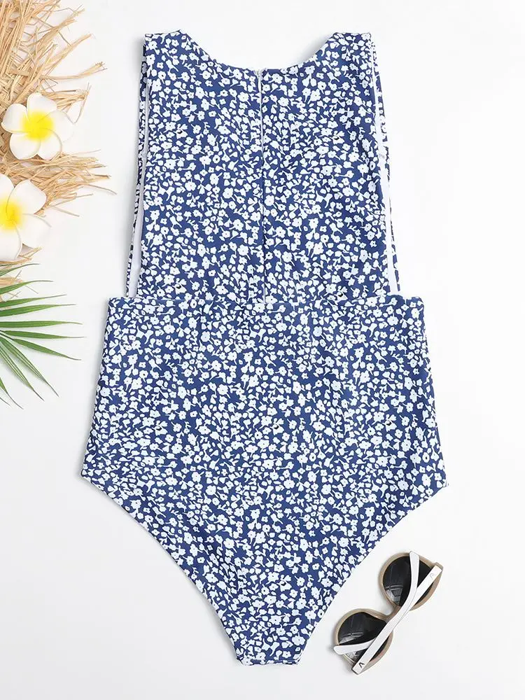 Bañador Retro de una pieza para mujer, traje de baño estampado con cremallera, ropa de playa de verano, Monokini, 2021