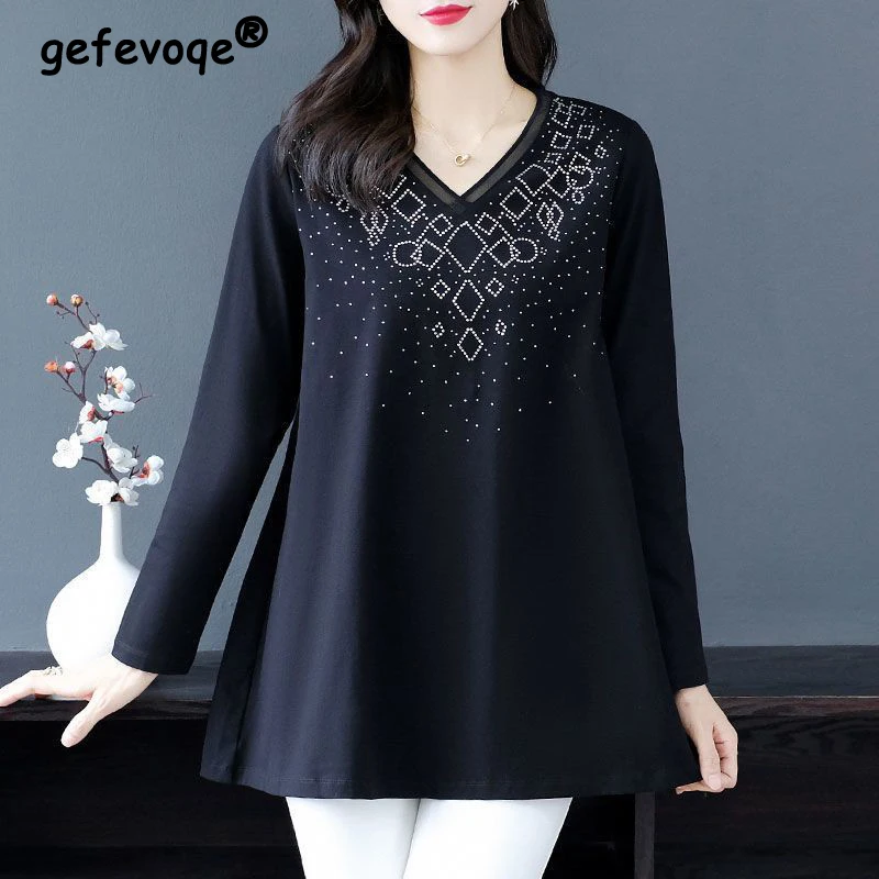 Women Korean Fashion Elegant Rhinestone Oversize Cotton T Shirt Spring Autumn Casual V Neck Long Sleeve Tunic Tops Ropa De Mujer