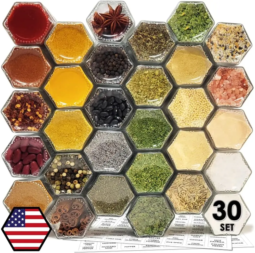 

30 Set Spice Jars for Refrigerator Hexagon Glass Spice Jars with Lids, Shaker, Spice Labels, Glass Spice Containers for RV Tr