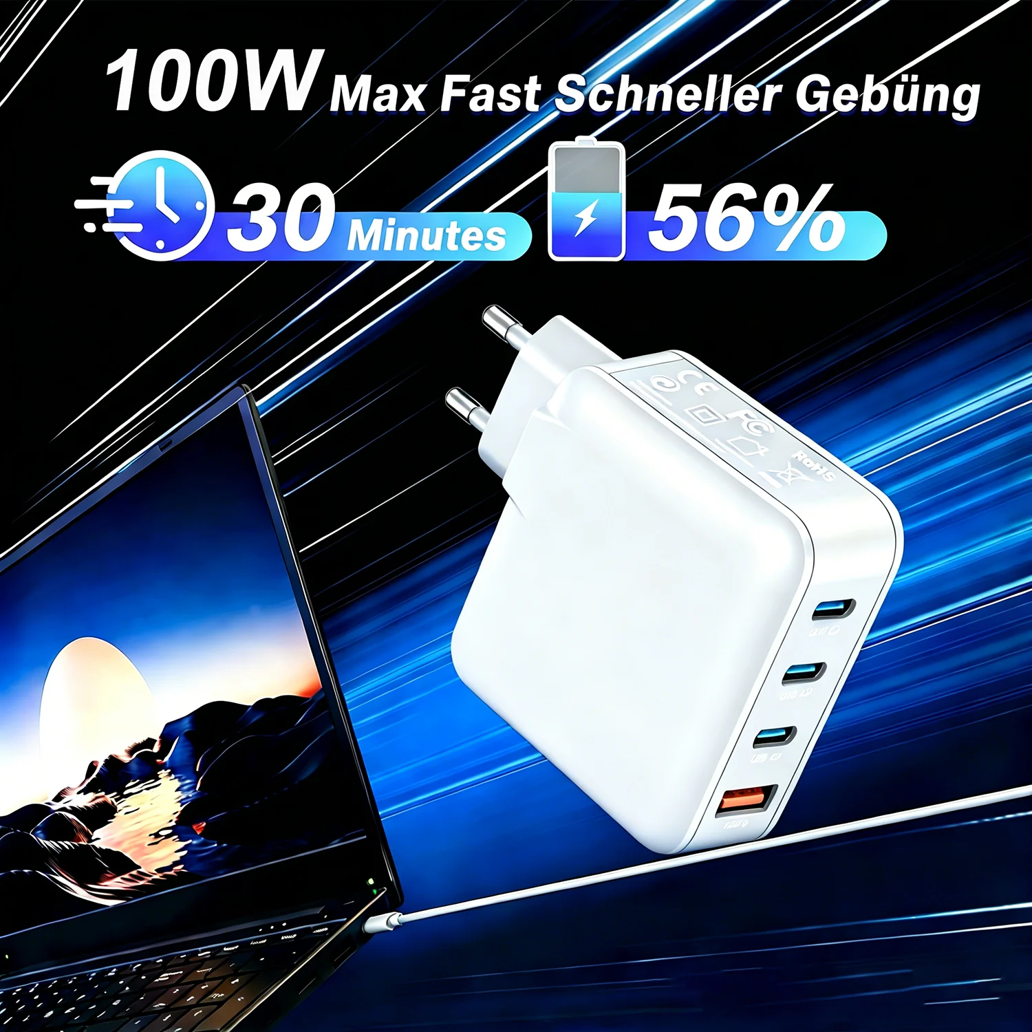 Compact 100W GaN Charger with 3 Ports – USB-C PD Fast Wall Adapter for MacBook Pro, iPhone 15, iPad, Galaxy S24 & More Devices - view 5