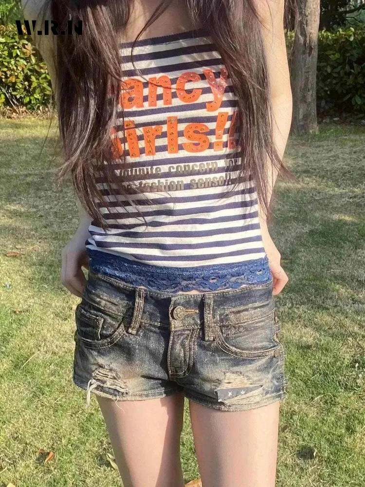 Hotsweet 2000S Stile Vita alta Casual Sexy Slim Street Jean Shorts Donna Y2K E-Girl Guaina strappata Shoujo Pantaloncini di jeans