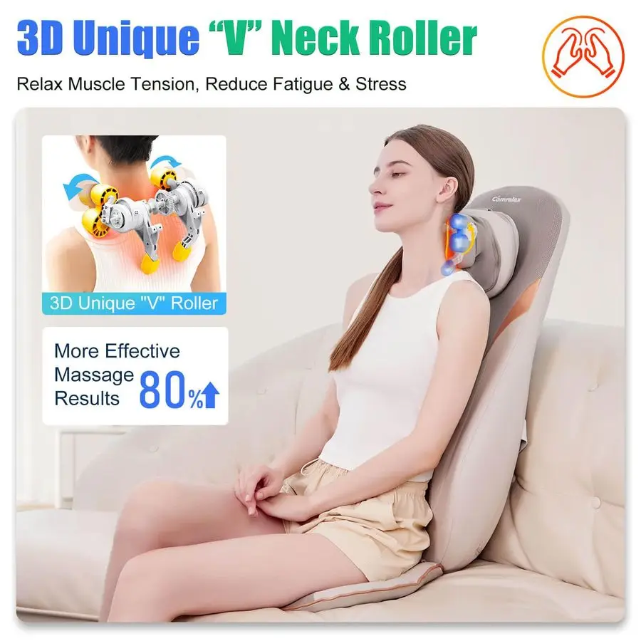 Neck amp Back Massager with Heat, 3D Unique V Neck Roller, Deep Tissue Kneading Massage Chair Pad for Neck, Back amp Shoulders,