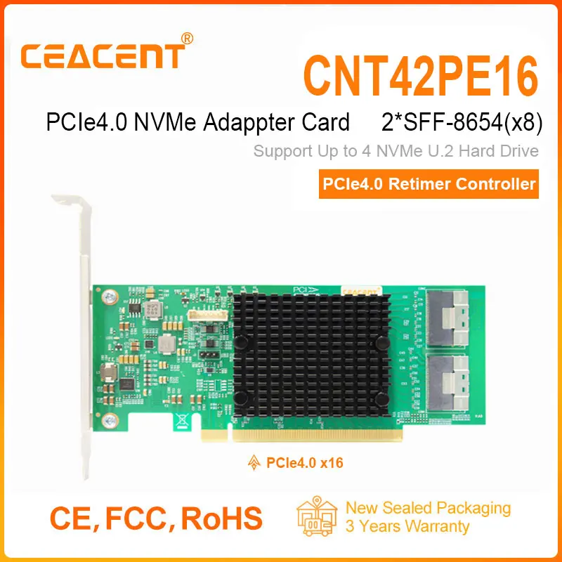 Ceacent-adaptador Nvme Gen4.0 Chip de Leitor Pcie4.0 Pcie 4.0×16 Sff8654 x8 de Portas Suporte até 4x Nvmegen4.0 Cnt42pe16