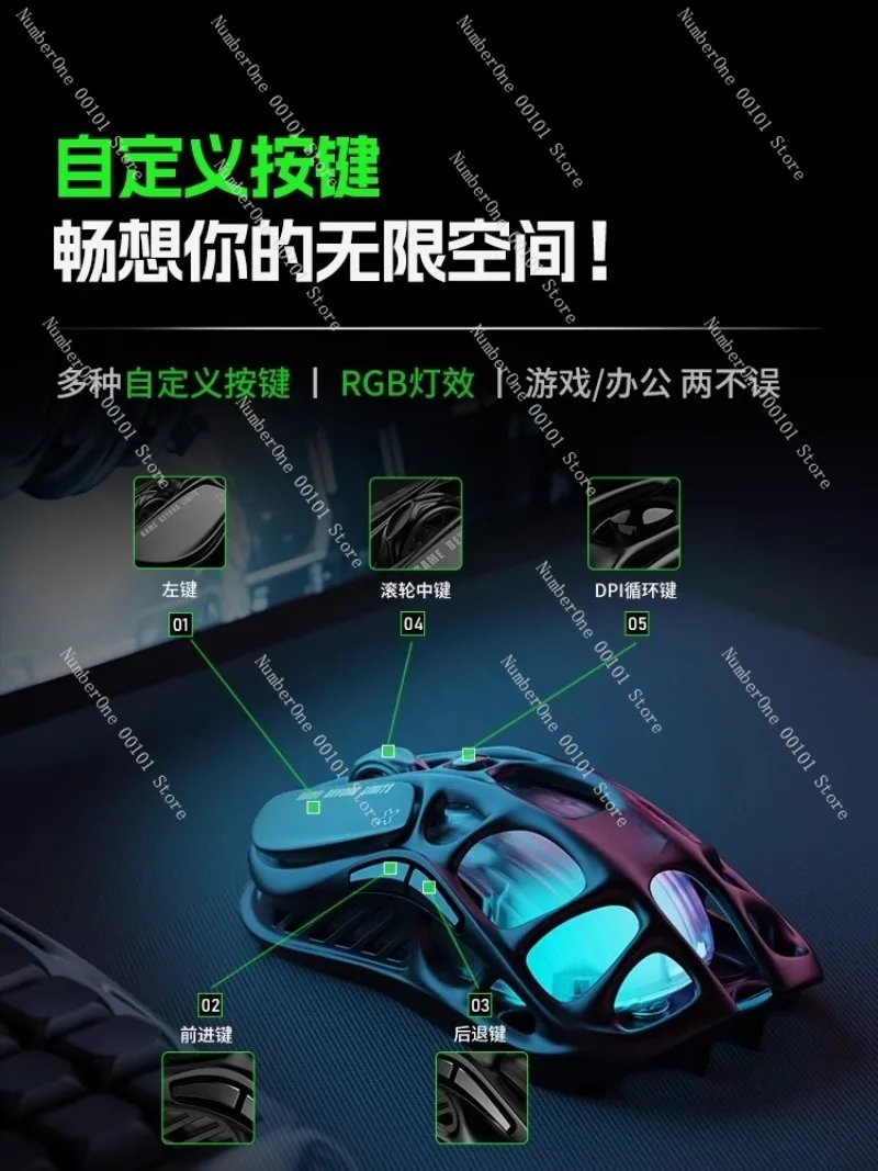 Hollowed-Out Mechanical Mouse, Wireless Wired Bluetooth Three-Mode E-sports Gaming Mouse, Lightweight Ergonomic Office