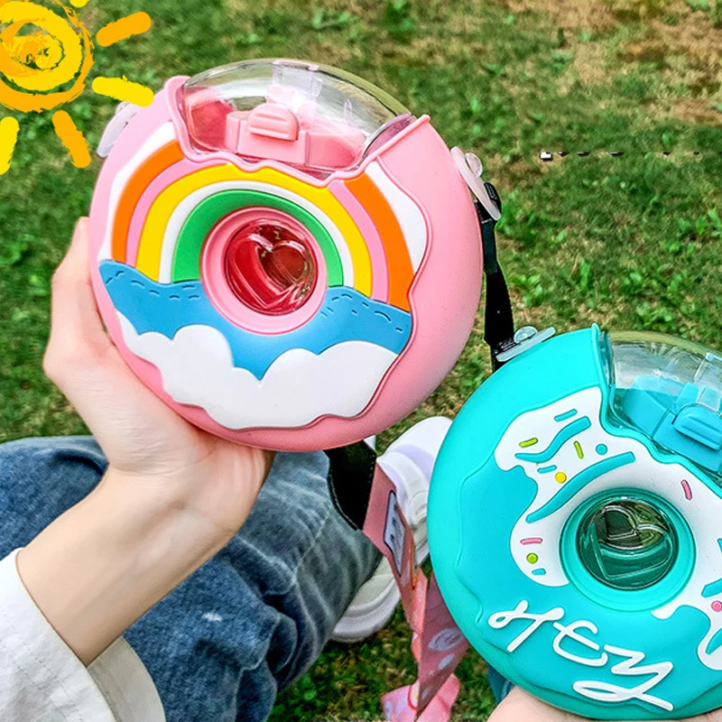 

Donut Creative Kettle with Straw Round Children Leak-proof Cute Style Portable Travel Plastic School Water Cup