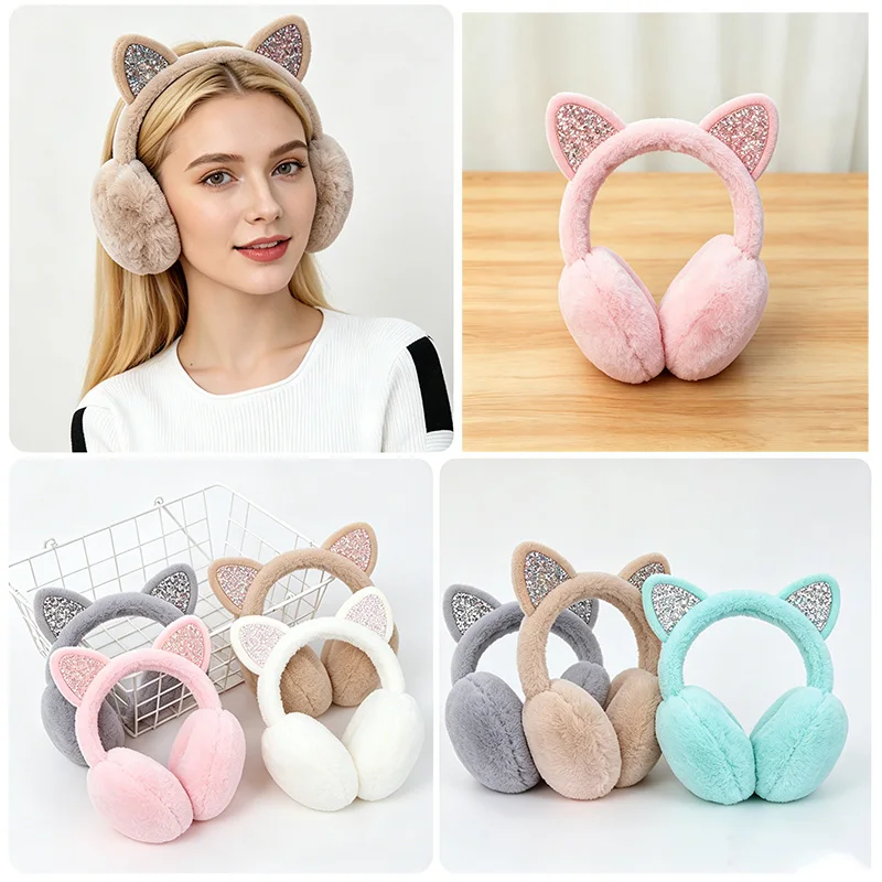 Playful Girls Ear Muffs Cold Protection Warm Hot Lovely Winter Warm Cat Ear Warmers Glitter Ears Plush Earmuffs for Women EZr02