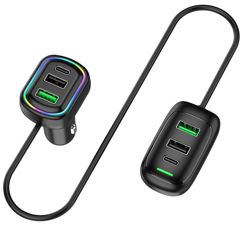 Chargeur de voiture d'extension avant et arrière USB Type-C, lumière RVB, adaptateur secteur PD, charge rapide, iPhone, tablette, ordinateur portable, 6 ports