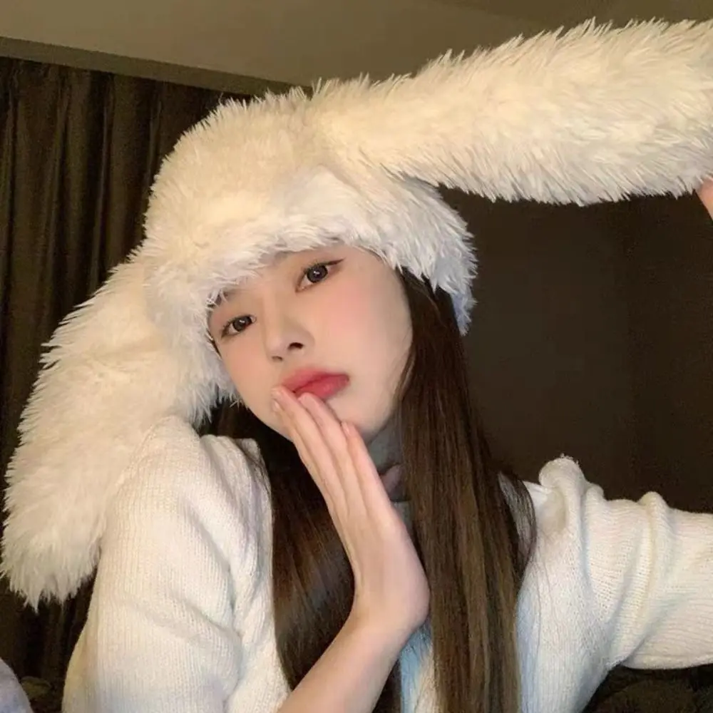 Korea Design Lovely Big Rabbit Ears Plush Beanie Hat Women Autumn and Winter Warm Protective Ear Novelty Knitted Cold Hat Wigs