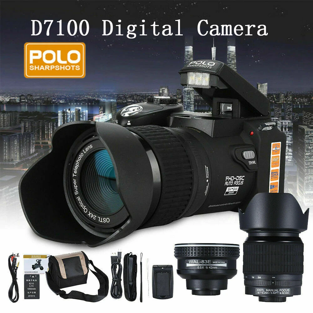 

24X оптический зум HD цифровая камера POLO D7100 33 миллиона пикселей Автофокус профессиональная DSLR видеокамера с тремя объективами для улицы