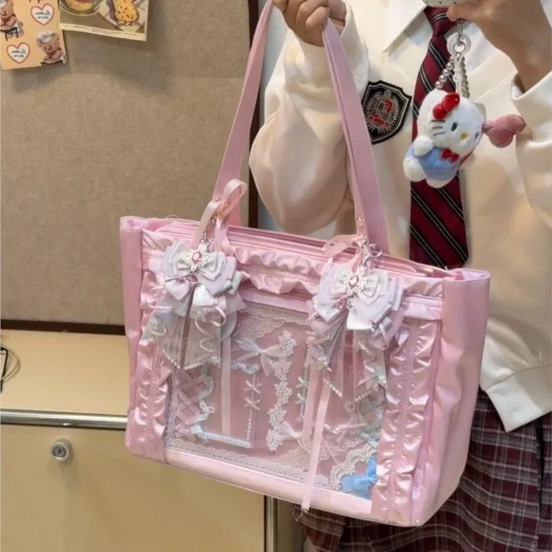 

Japanese Sweet Cute Satin Bow Tie Shoulder Bag Women Transparent Badge Anime Ita Bag Ladies Large Capacity Square Handbag 2025