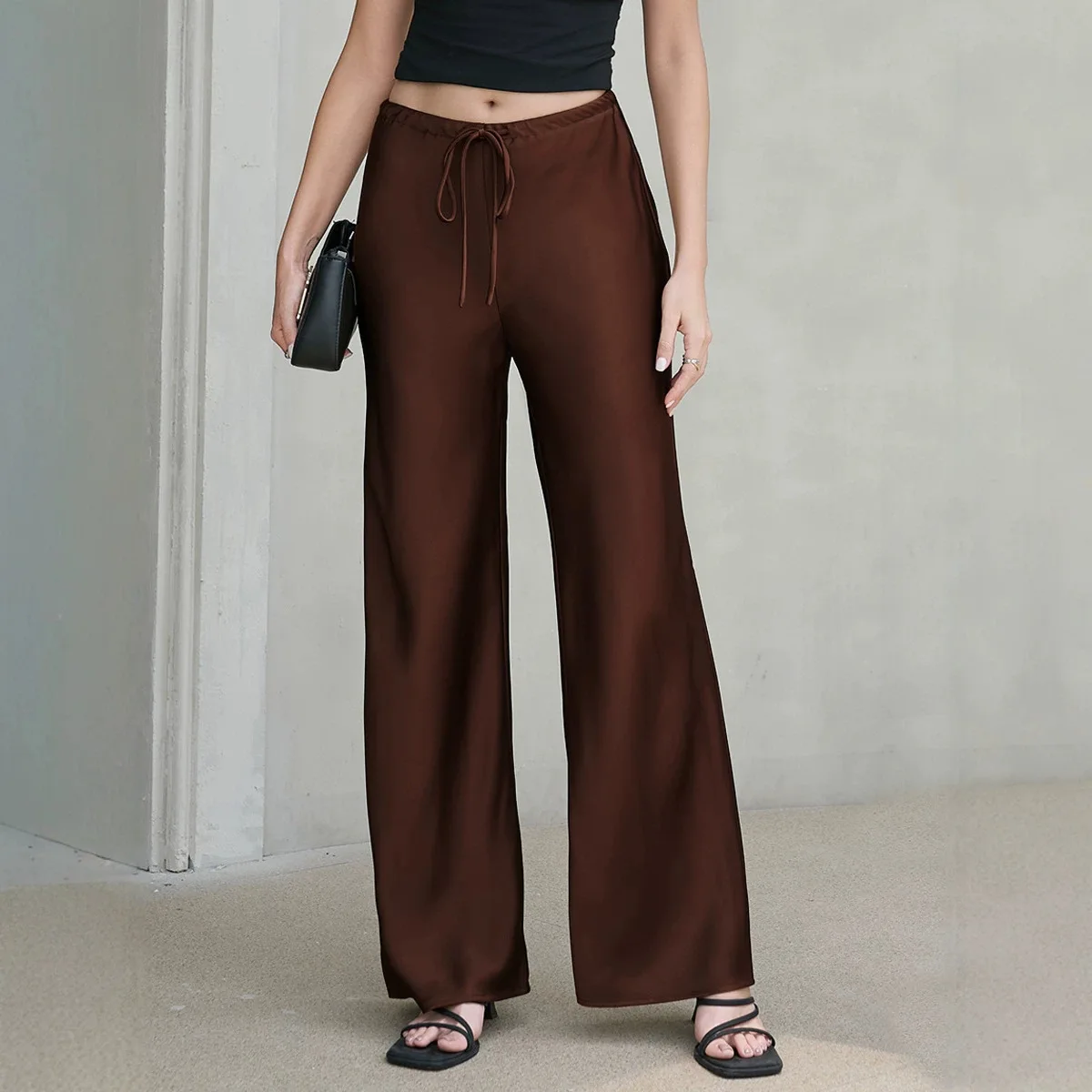 Women's Satin Pants 2026 Summer High Waist Lace Up Solid Color Wide Leg Trousers