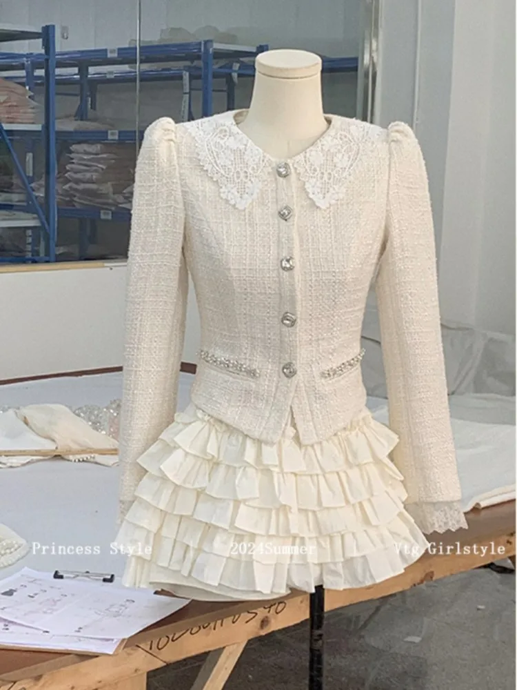 French Vintage 2-częściowy zestaw Tweed Lace Patchwork Płaszcz jednorzędowy Ruffles Ciasto Mini spódniczka Koreańska moda Jesienne stroje Nowość