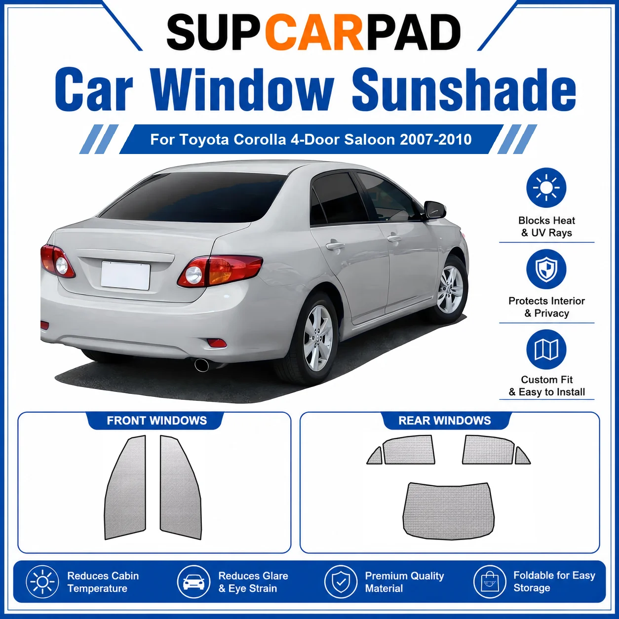 For Toyota - Toyota Corolla 4-Door Saloon 2007-2010 Full Set Car Window Sunshades UV Block Privacy Heat Insulated Foldable Car C