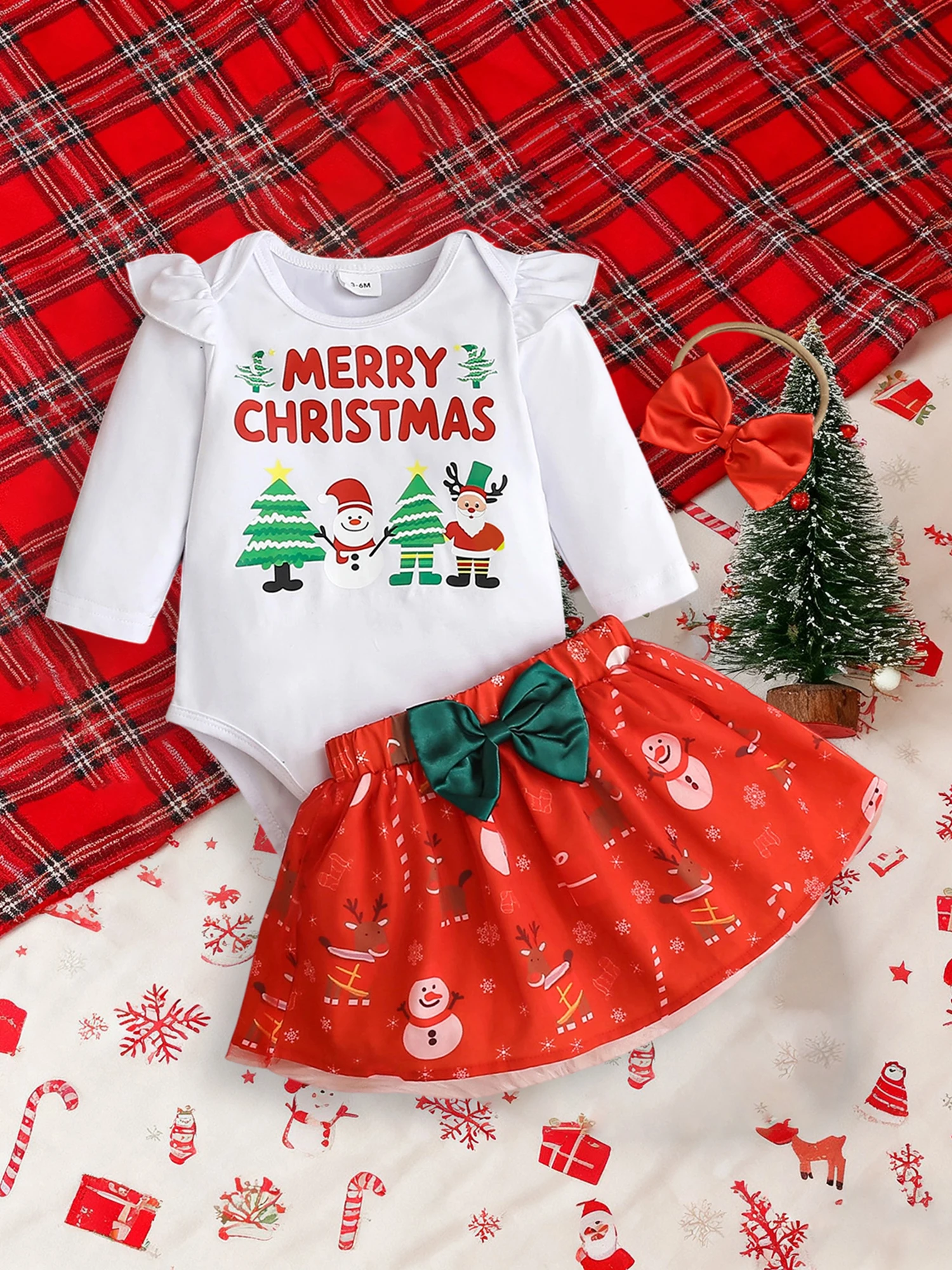 

Baby Girl Christmas Outfit Long Sleeve Romper Bow Front Skirt Headband Set Newborn Clothes