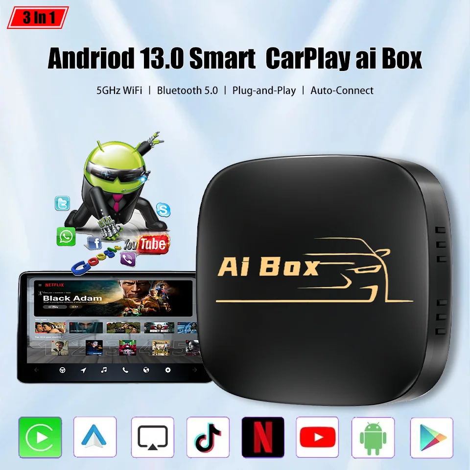 Android13 CarPlay Multimedia Smart Box Wireless Apple CarPlay & Andriod Auto 3In1 Adapter Built-in Netflix YouTube Google Apps