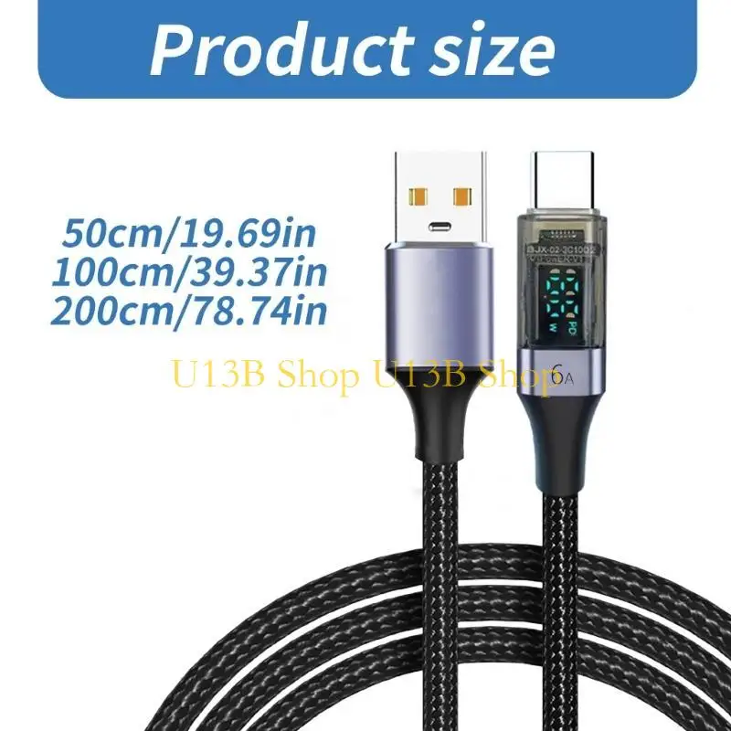Cable carga carga rápida U13B A a Tipo C con pantalla LED alimentación, 66W/6A para teléfonos y tabletas