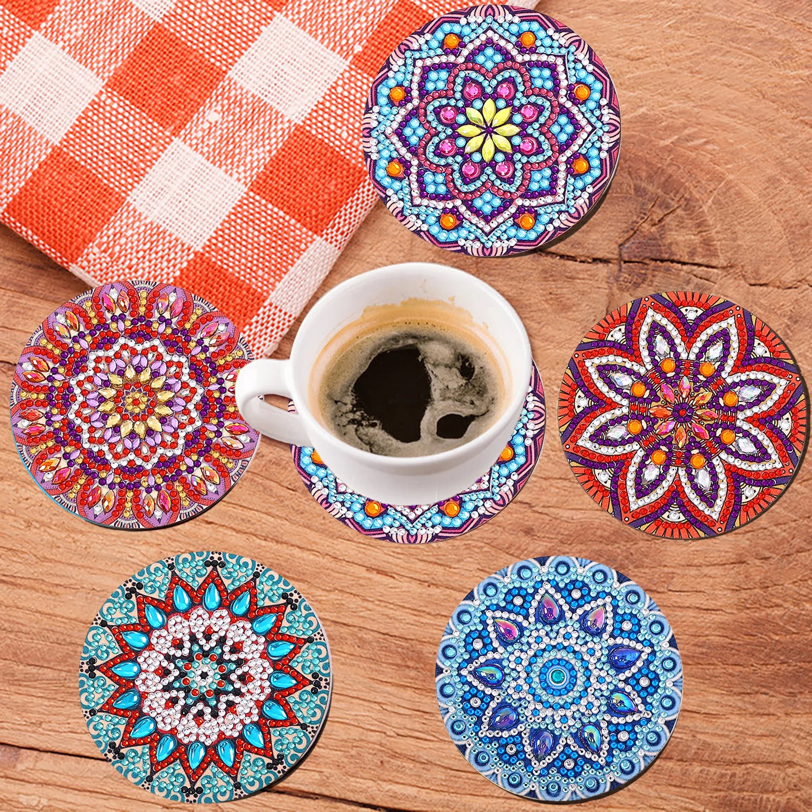 5 مجموعات من الوقايات الفنية الماسية ذات الشكل غير المنتظم من ماندالا التي يمكنك صنعها بنفسك، وسجادات الطاولة الخشبية وأكواب الرسم الماسي