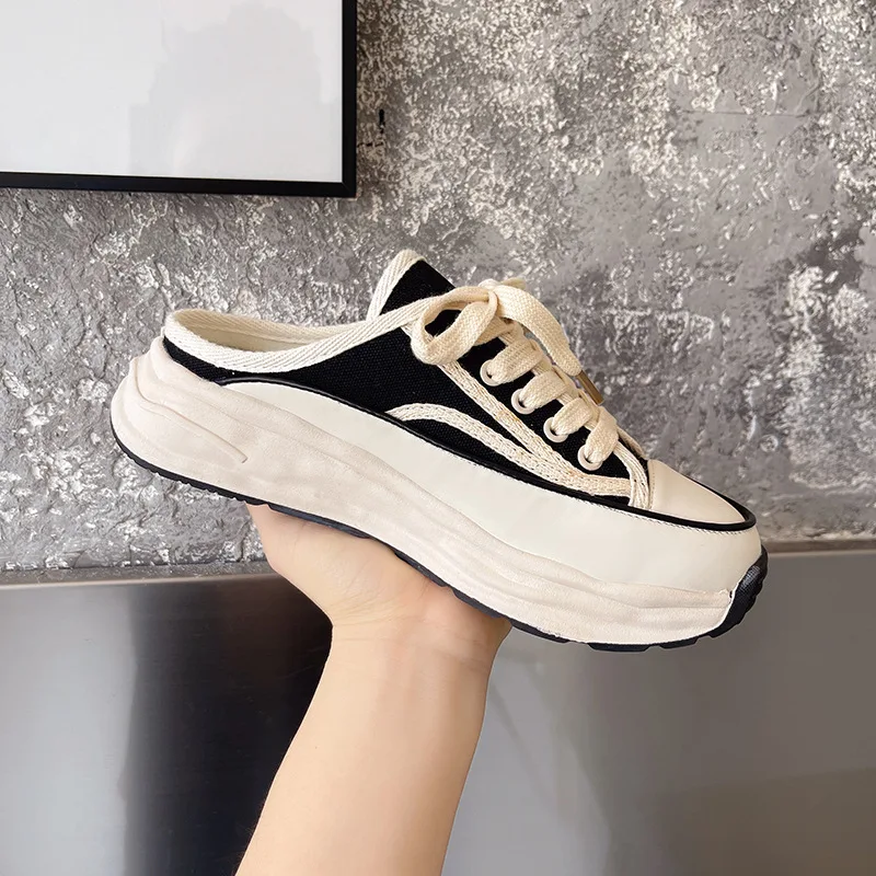 Thick-soled Baotou Half-support Canvas Shoes for Women's Outer Wear 2024 New Dissolving White Shoes A Slip-on Slippers