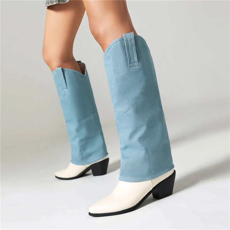 FOREADA-Botas largas hasta la rodilla para mujer, botines de Gogo con punta puntiaguda, tacones altos gruesos, botas de vaquera occidentales, zapatos de moda para mujer, Invierno 46