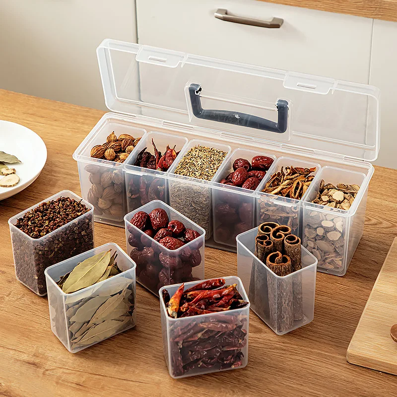 

New Spice Storage Box Handheld with Lid Kitchen Food Grade Large Seasoning Box Household Grid Combination Set Seasoning Jar