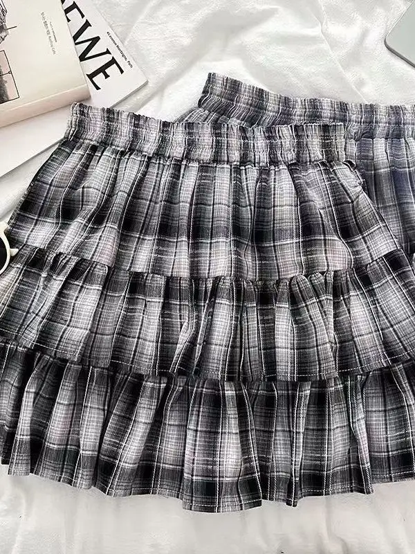 Plaid A-Line  Skirt Women's Autumn Cake Skirt Short Fluffy High Waist Umbrella Skirt Trendy Half-length Skirt