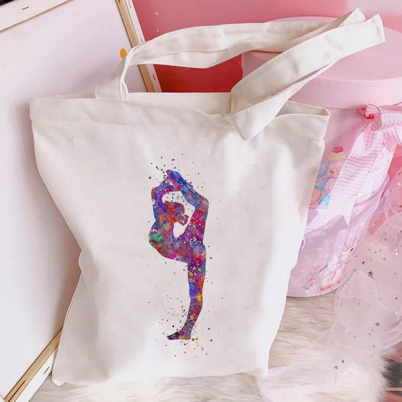Watercolor Yoga Pose Print Canvas Tote Bag White Boho Style Shoulder Bag Casual Handbag for Yoga Lovers