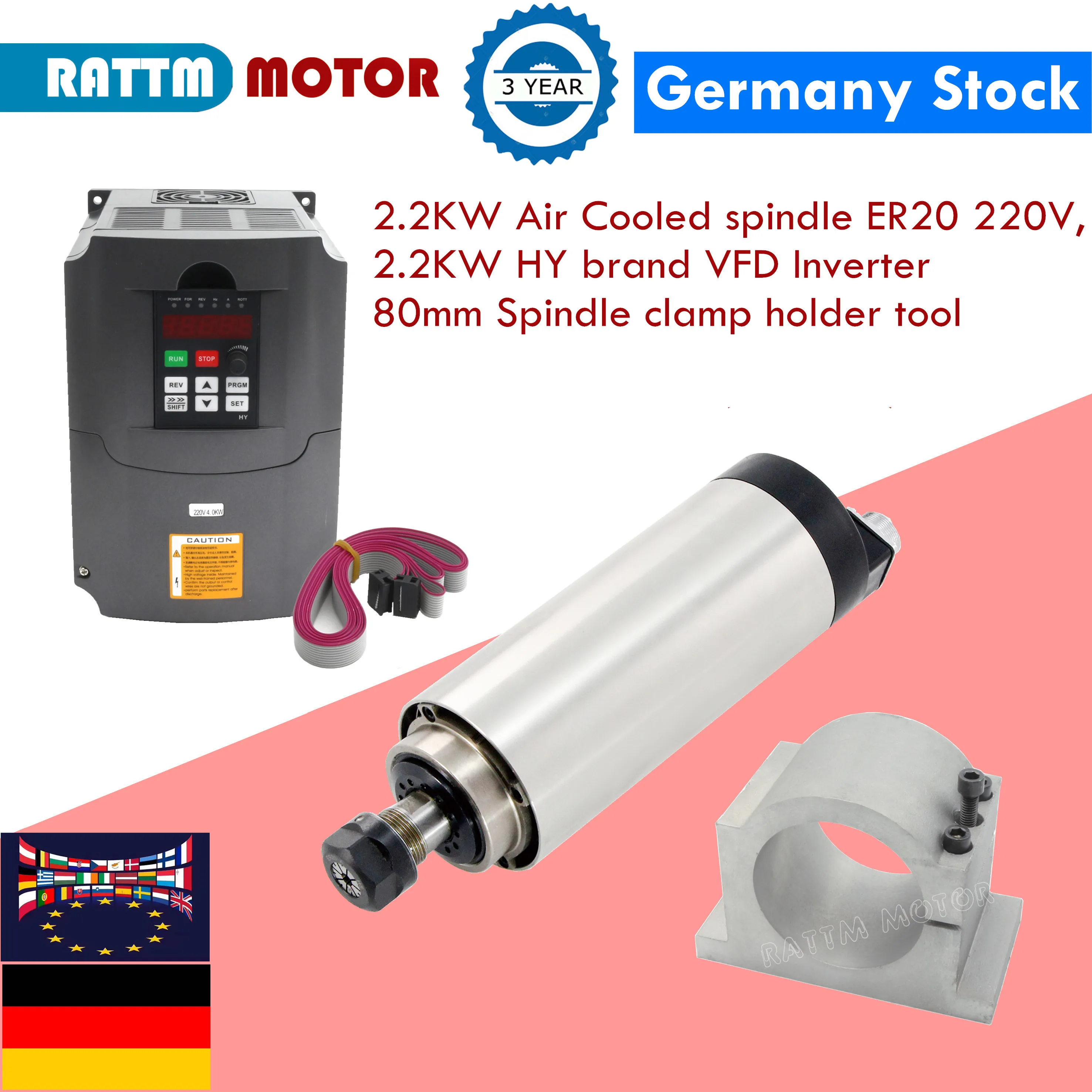 〖EU Stock〗CNC Kit 2.2Kw Air Cooled Spindle Motor 220V 8A 400Hz ER20 Collet Runout-off 0.01mm 4bearing & HY Inverter & 80mm Clamp