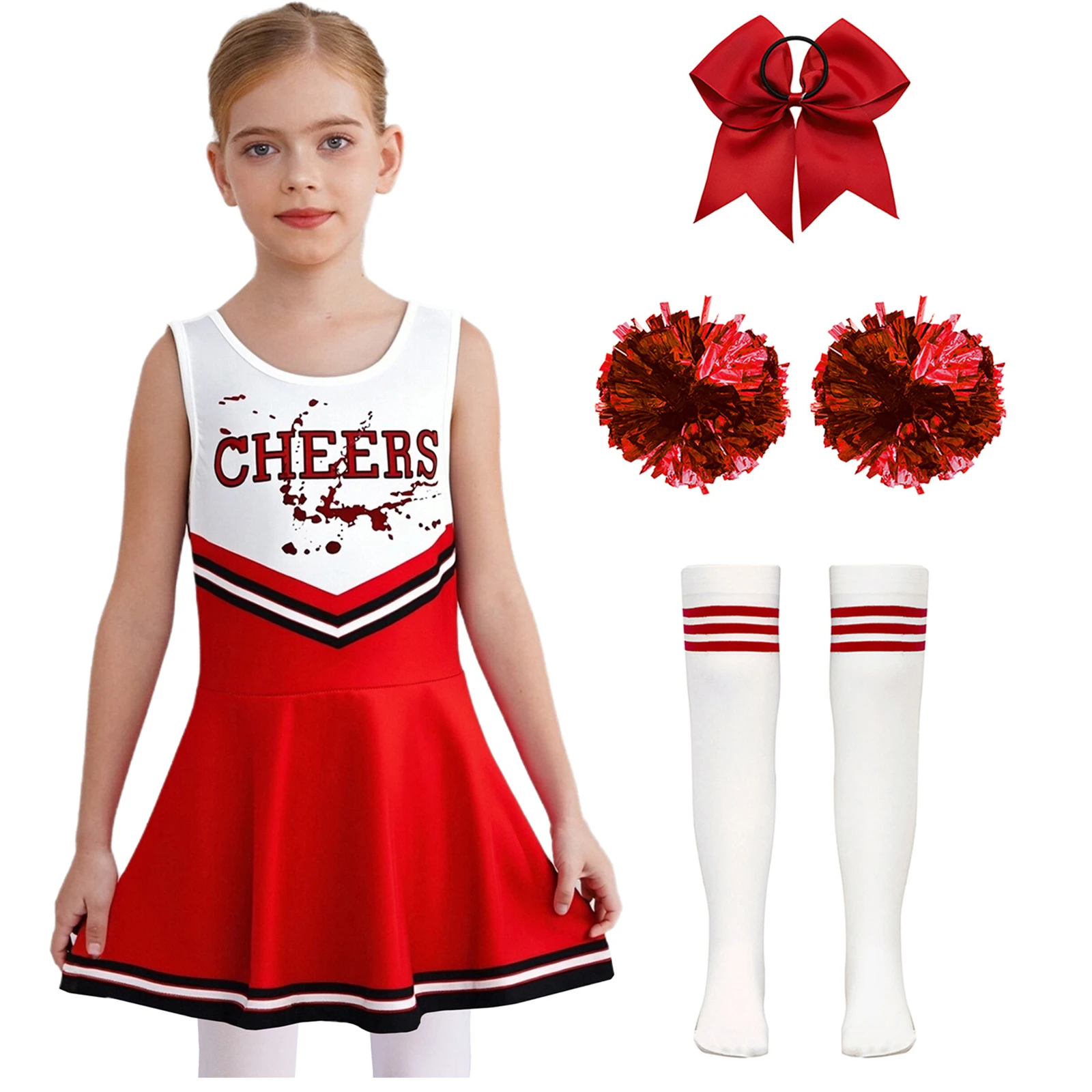 الفتيات المشجع تأثيري أزياء الهالوين البدلة إلكتروني طباعة المشجع الرقص وتتسابق مع الزهور الجوارب مجموعة الدعاوى التشجيع #2