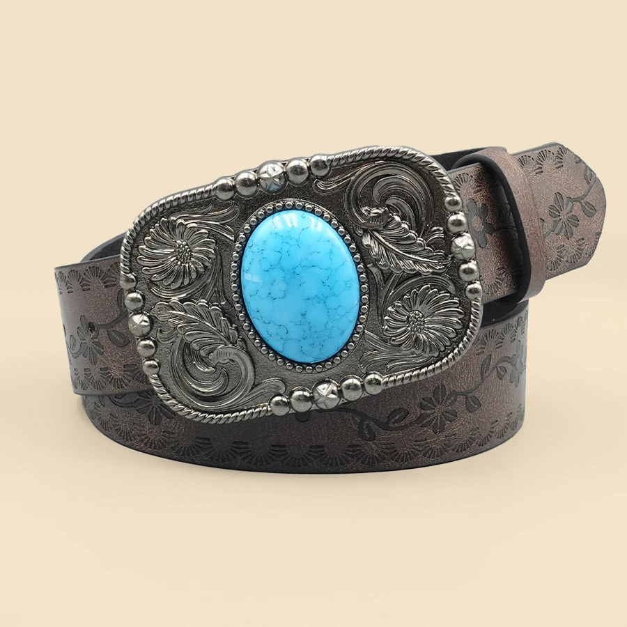 حزام نسائي غربي بني عتيق - إبزيم فيروزي أزرق منحوت، متعدد الاستخدامات للفساتين والجينز والقمصان