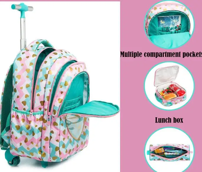 kids Rolling backpack for boy School trolley bag set lunch bag Children school wheeled backpack for girls school bag with wheels